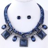 Simple Square Inlaid Gem Pendent Double Rope Necklace Earrings Set Nhsc371078