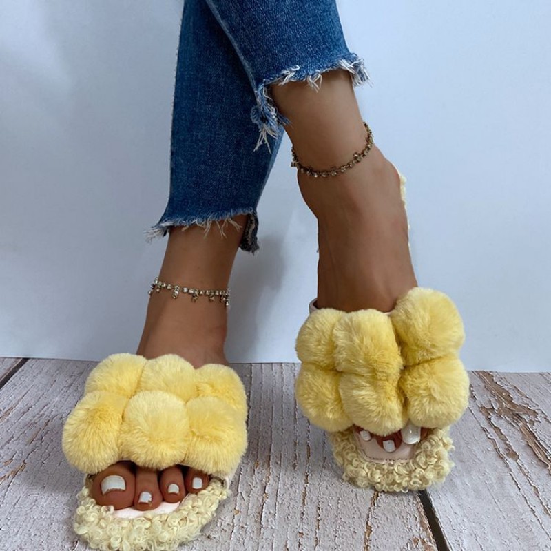 Europe and the United States 43 plus size color fur ball slippers women fall/winter 2020 fashion women's cotton slippers