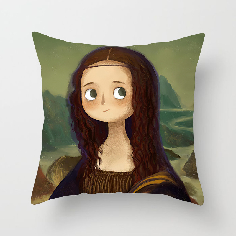 Home pillow case cartoon oil painting Van Gogh Mona Lisa series pillow case