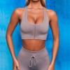 European and American drawstring zipper sports long sleeve fitness suit set women's seamless Yoga suit 
