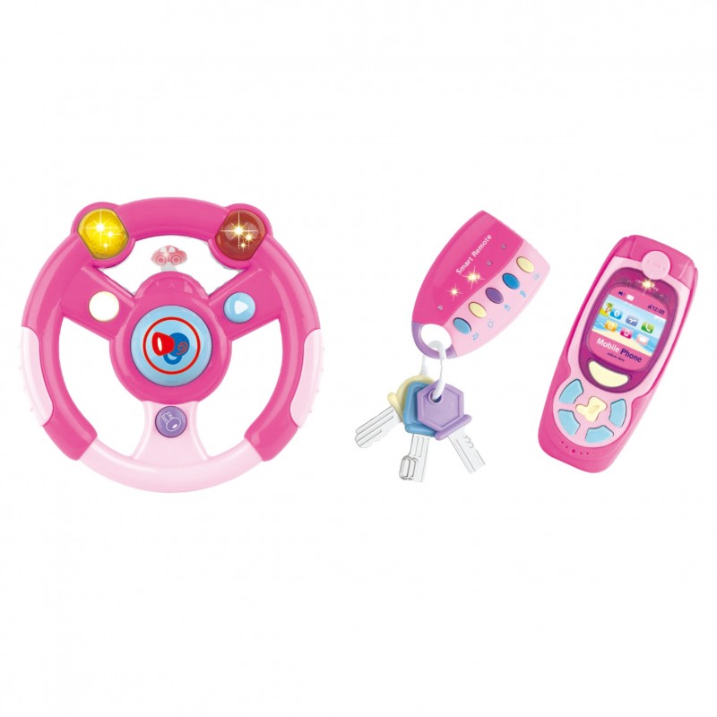 Huiye Wholesale learning music toy pink car key mobile and steering wheel for kid baby toys educational baby key toys
