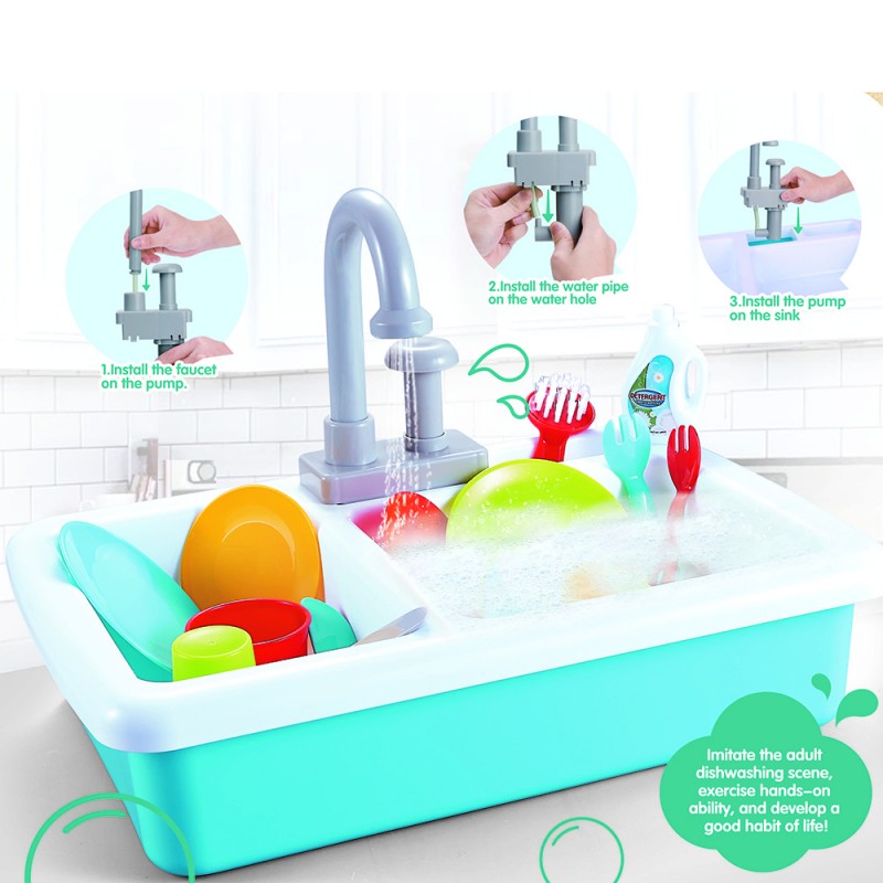 Huiye Cocina De Juguete Dish Wash Sink Pretend Play Set Electric Wash Up With Running Water Kitchen Sink Toys