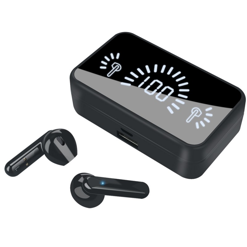 1800mAH LED display type-c portable waterproof black wireless touch control small smart tws sport earbuds with mirror