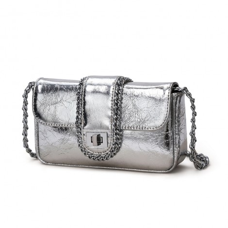 Fashion Most Popular ladies hand bag genuine leather metal chain 2021 mini silver metallic purses