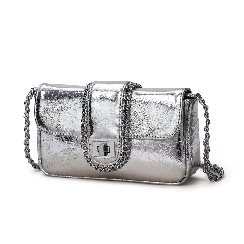 Fashion Most Popular ladies hand bag genuine leather metal chain 2021 mini silver metallic purses