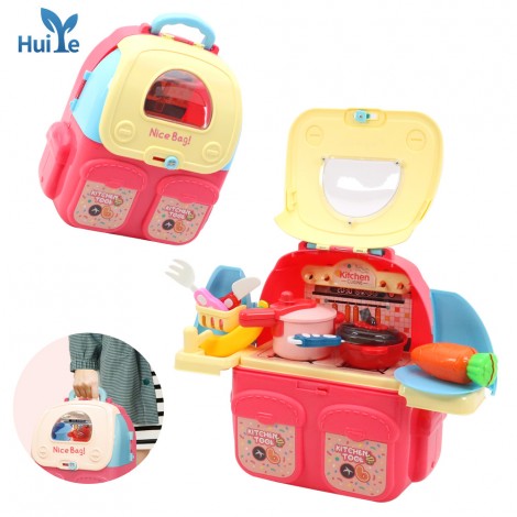 Huiye plastic kitchen cooking pot backpack toy educational pretend play kitchen play set toy in backpack case
