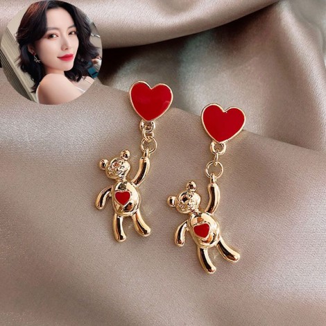 Korean Fashion Sweet Metal Heart Bear Earrings Nhsc193560