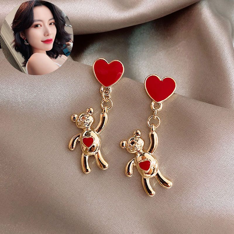 Korean Fashion Sweet Metal Heart Bear Earrings Nhsc193560