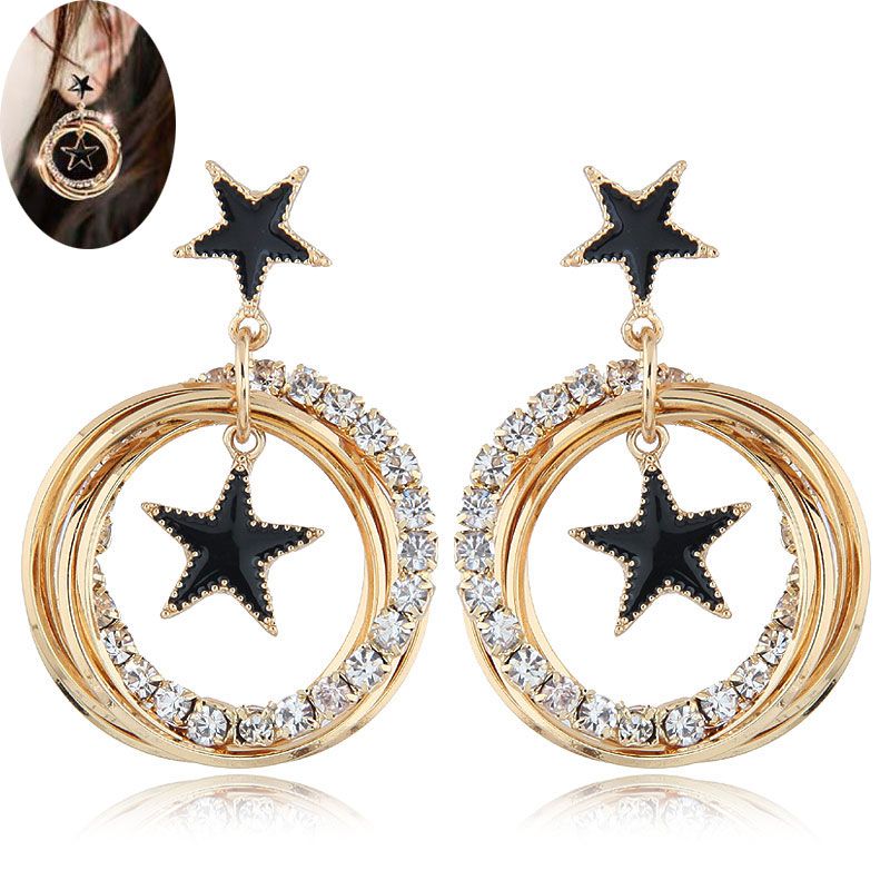 Fashion Metal Flash Diamond Simple Fivepointed Star Multicircle Earrings Nhsc201822
