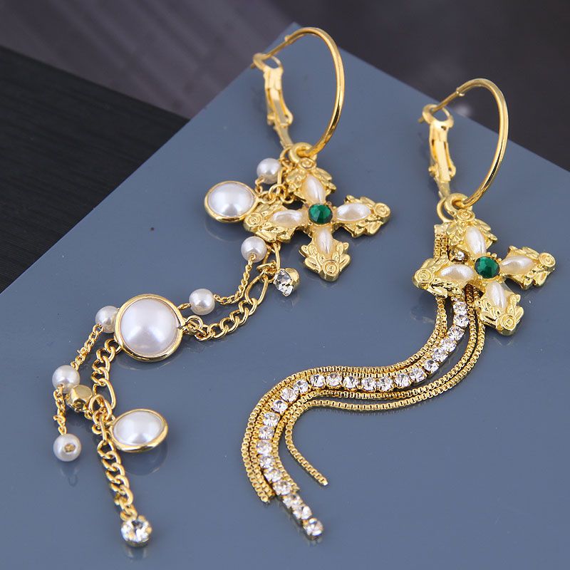 New Fashion 925 Silver Needle Copper Simple Cross Tassel Asymmetric Earrings Yiwu Toppinggoods Wholesale Nhsc208610