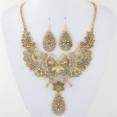 Fashion Metal Hollow Butterfly Drop Temperament Necklace Earring Set Wholesale Nhsc217017