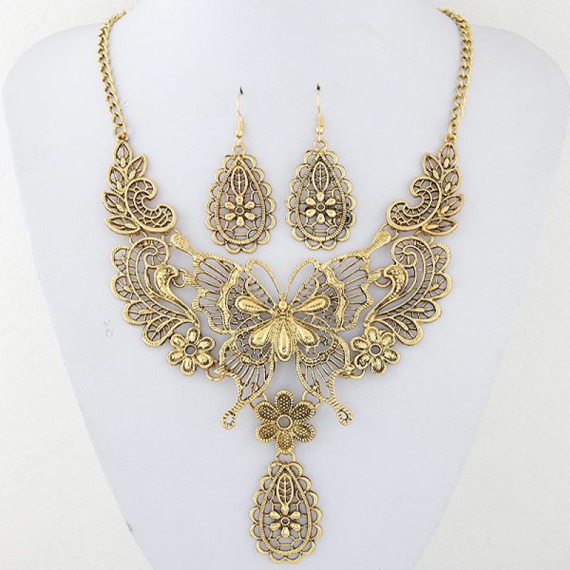 Fashion Metal Hollow Butterfly Drop Temperament Necklace Earring Set Wholesale Nhsc217017