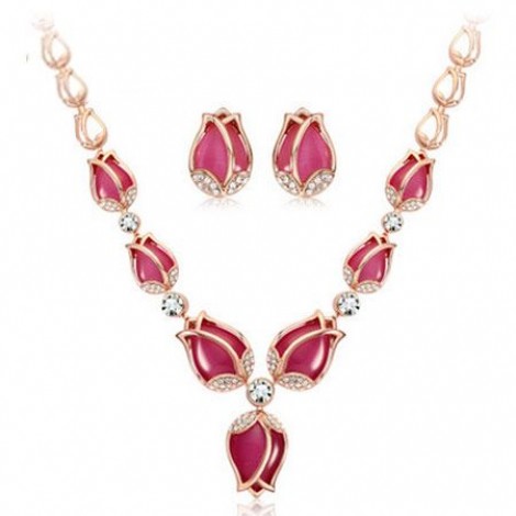 Fashion Metal Sparkle Tulip Opal Temperament Necklace Earring Set Wholesale Toppinggoods Nhsc219059