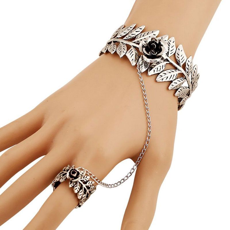 Fashion Retro Simple Rose Flower Leaf Open Chain Ring Bracelet Wholesale Toppinggoods  Nhsc219071