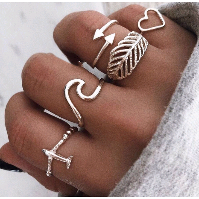 Fashion Metal Simple Aircraft Love Leaf Exaggerated Temperament Combination Ring Wholesale Toppinggoods Nhsc224998