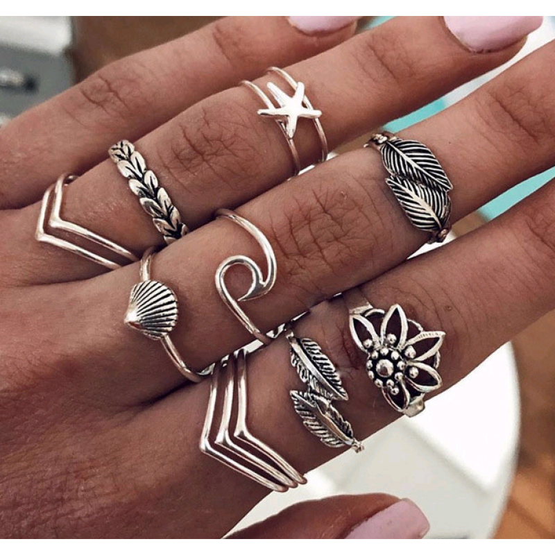 Fashion Metal Simple Five V Leaves Exaggerated Temperament Combination Ring Wholesale Toppinggoods Nhsc225001