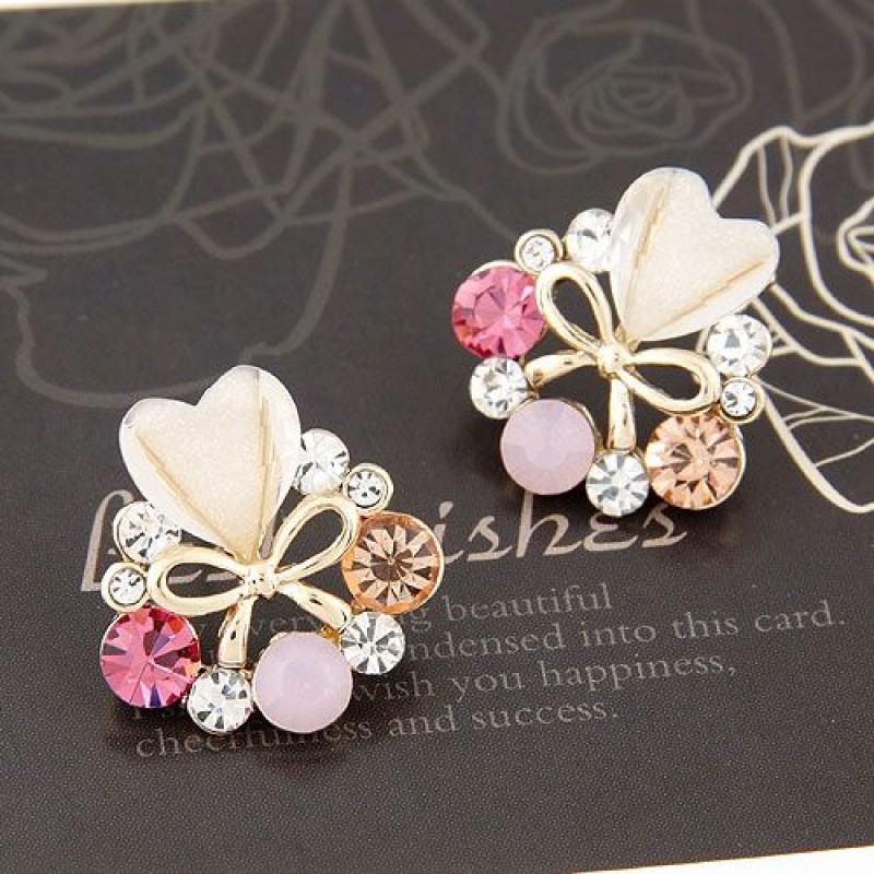 Korean Fashion Sweet Flash Diamond Golden Bow Love Temperament Earrings Wholesale Toppinggoods Nhsc225569