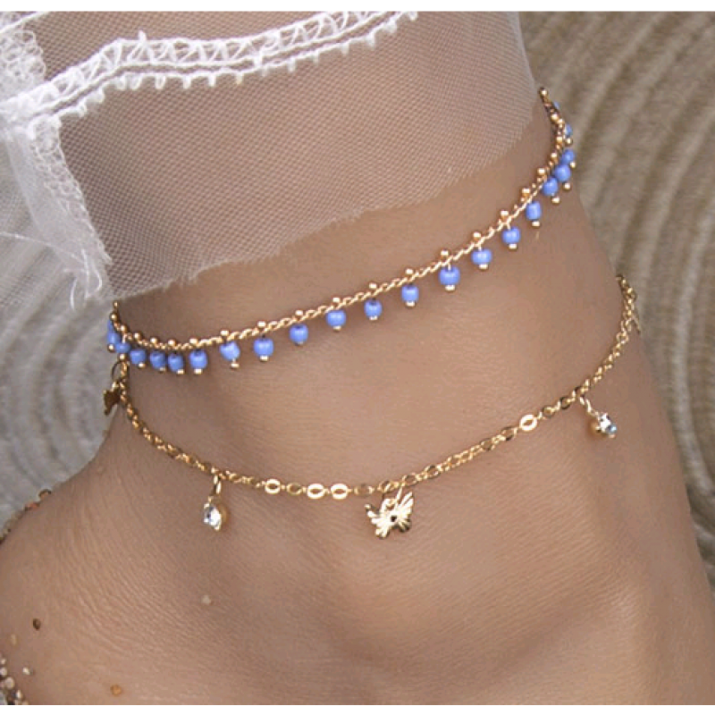 Fashion Metal Simple  Versatile Doublelayer Seashell Style Blue Bead Doublelayer Anklet Wholesale Toppinggoods Nhsc239209