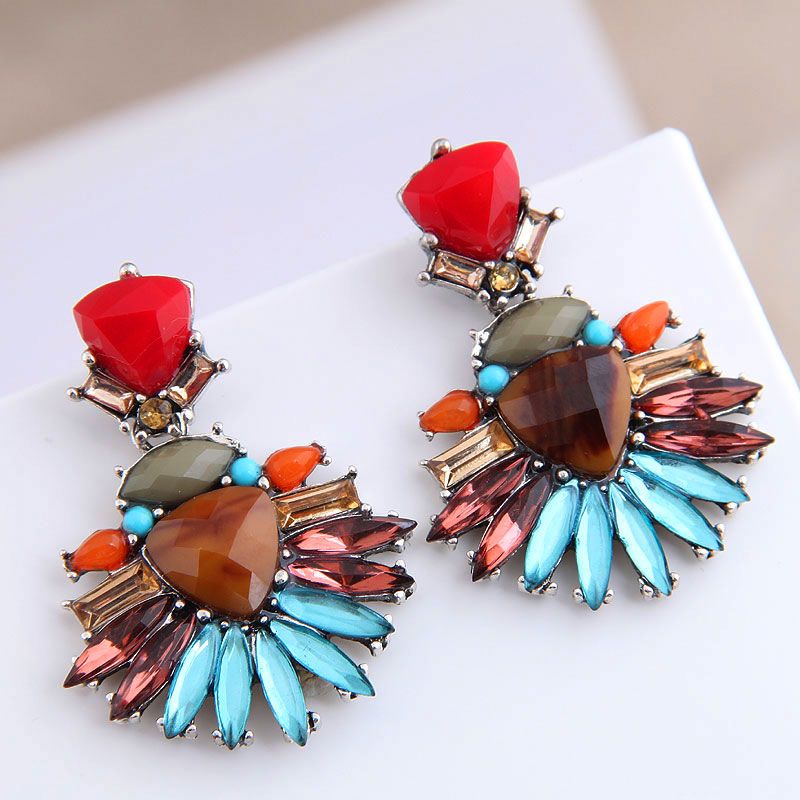 Fashion Metal Concise Colored Gemstone Exaggerated Alloy Earrings Nhsc243297