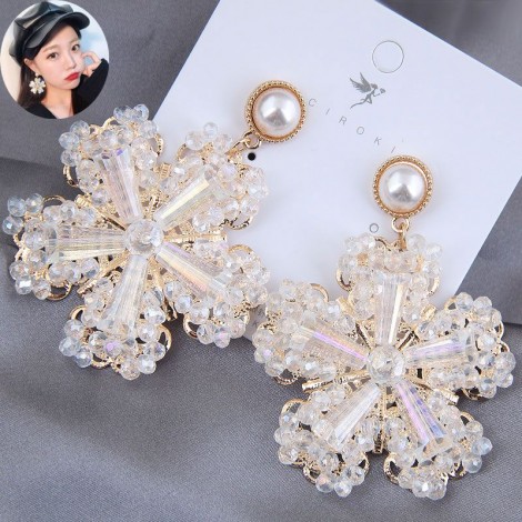 925 Silver Pearl Fashion Metal Crystal Ice Flower Exaggerated Stud Earrings Wholesale Nhsc249972