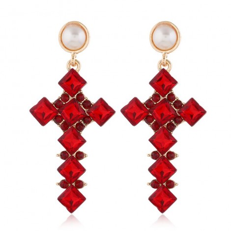 Fashion Metal Bright Gemstone Cross Exaggerated  Earrings Nhsc258923