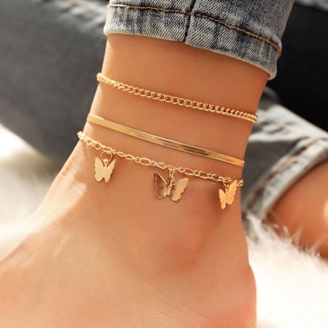 Fashion Metal Three Butterfly Snake Chain Threepiece Anklet Nhsc261947
