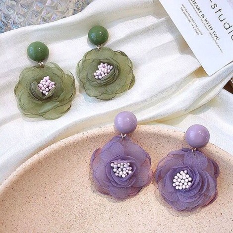 Korean Fashion Retro Chiffon Flower Sweet Alloy Stud Earrings Nhsc264009
