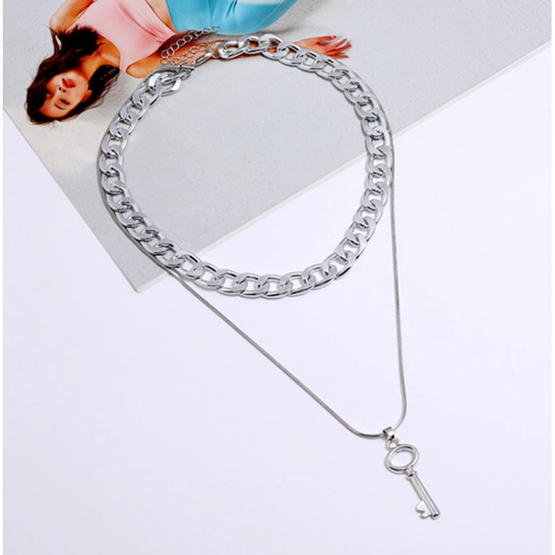 Fashion Metal Simple Love Key Doublelayer Chain Necklace Nhsc294735