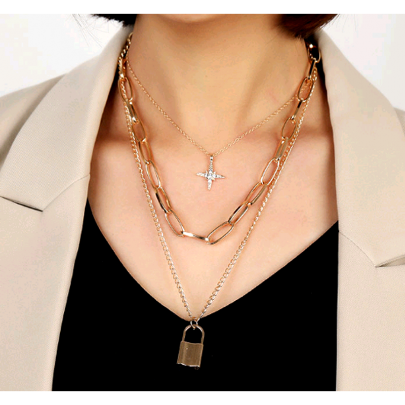 Fashion Metal Simple Love Lock Threelayer Chain Necklace Nhsc294736