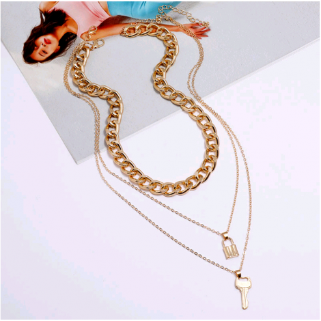 Fashion Metal Simple Key Lock Metal Multilayer Necklace Nhsc294738