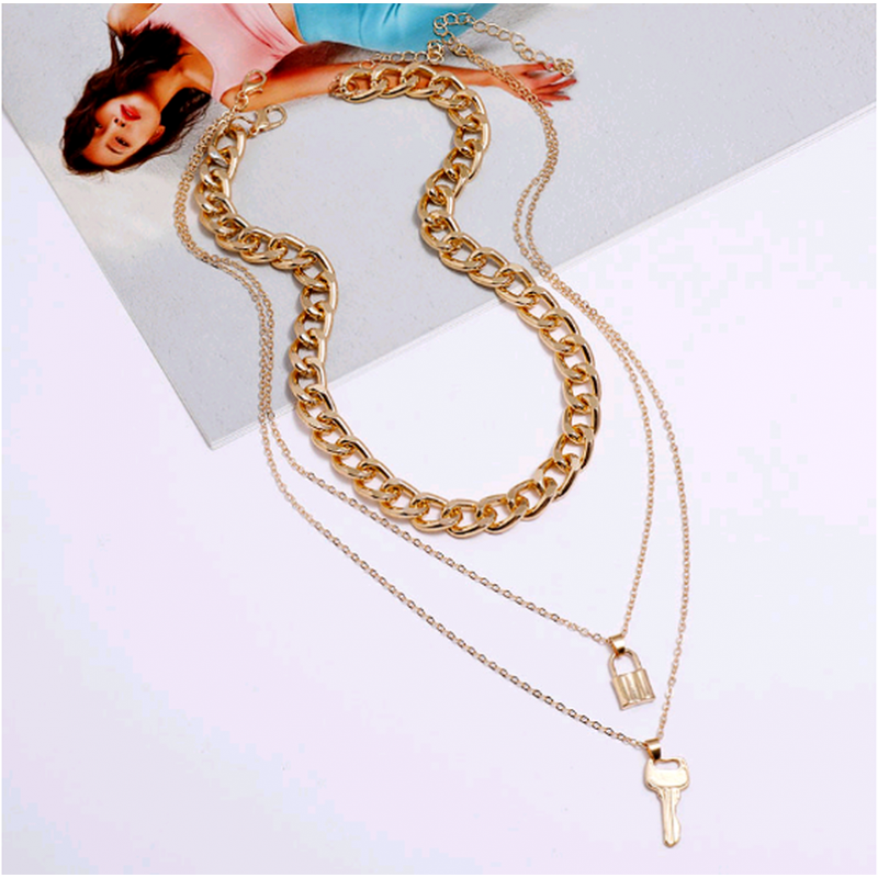 Fashion Metal Simple Key Lock Metal Multilayer Necklace Nhsc294738