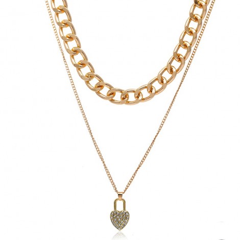 Fashion Metal Wild Love Lock Metal Double Chain Necklace Nhsc294743