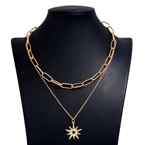 Fashion Metal Wild Sun Flower Pendant Metal Double Chain Necklace Nhsc294747