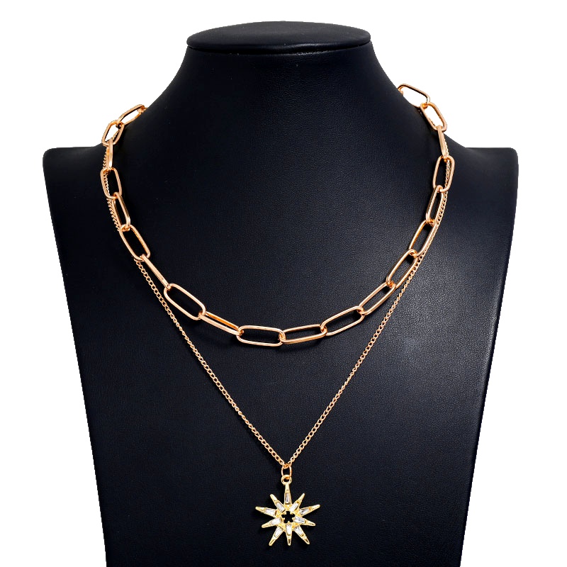 Fashion Metal Wild Sun Flower Pendant Metal Double Chain Necklace Nhsc294747