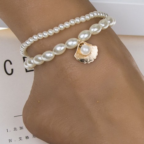 Fashion Metal Seashell Pearl Twopiece Combination Anklet Nhsc366123