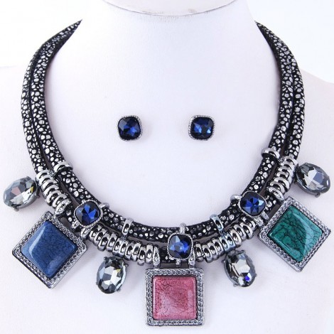 Simple Square Inlaid Gem Pendent Double Rope Necklace Earrings Set Nhsc371078