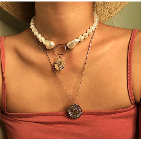 Toppinggoods Jewelry Wholesale Portrait Pendent Metal Pearl Doublelayer Necklace Nhsc374888