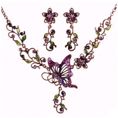 Toppinggoods Jewelry Wholesale Diamond Butterfly Flower Necklace Earrings Set Nhsc376080
