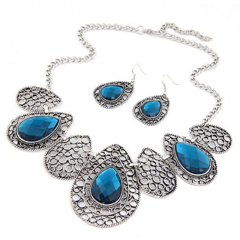 Toppinggoods Jewelry Wholesale Retro Metal Hollow Inlaid Gemstone Water Drop Necklace Earrings Set Nhsc378649