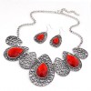 Toppinggoods Jewelry Wholesale Retro Metal Hollow Inlaid Gemstone Water Drop Necklace Earrings Set Nhsc378649