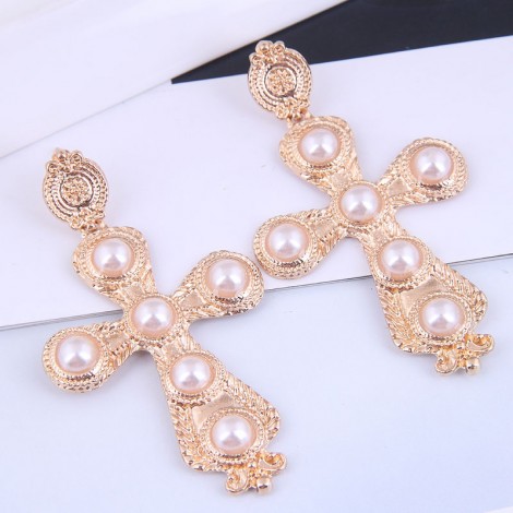 Fashion Metal Cross Inlaid Pearl Earrings Wholesale Toppinggoods  Nhsc408761