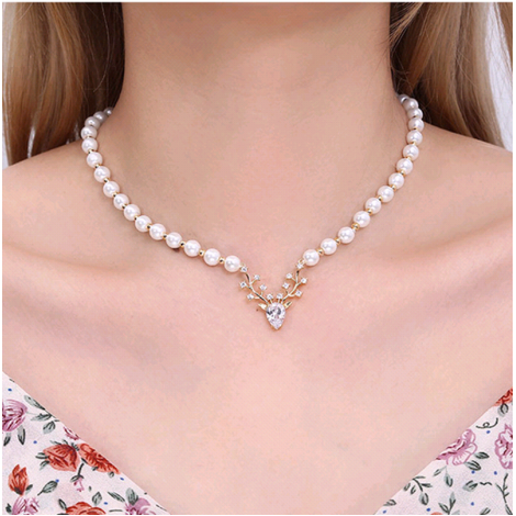 Fashion Metal Inlaid Zirconium Antler Pearl Copper Necklace Wholesale Toppinggoods  Nhsc423501
