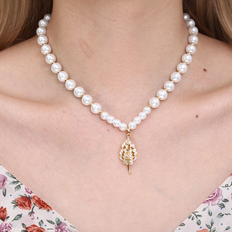 Fashion Metal Inlaid Zirconium Fourleaf Clover Pendant Pearl Necklace Wholesale Toppinggoods Nhsc426484