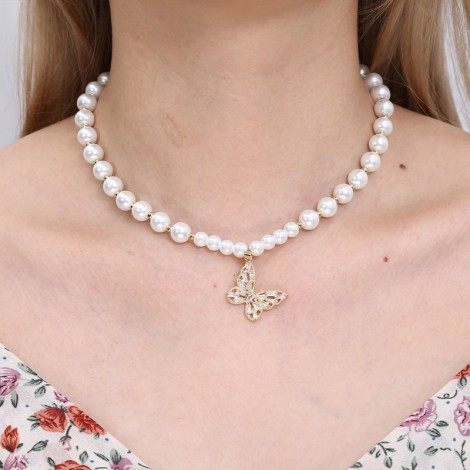 Fashion Metal Inlaid Zirconium Butterfly Pendant Pearl Necklace Wholesale Toppinggoods Nhsc426488