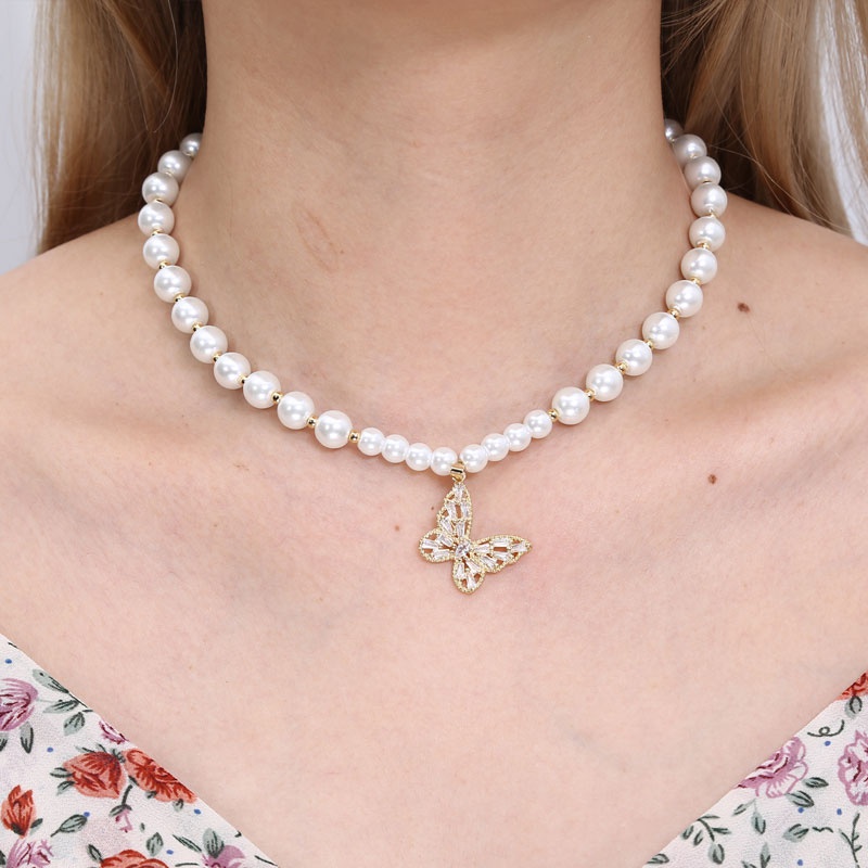 Fashion Metal Inlaid Zirconium Butterfly Pendant Pearl Necklace Wholesale Toppinggoods Nhsc426488