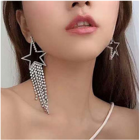 European And American Fashion Metal Glittering Fivepointed Star Rhinestone Tassel Asymmetrical Exaggerated Temperament Stud Earrings Nhsc436012