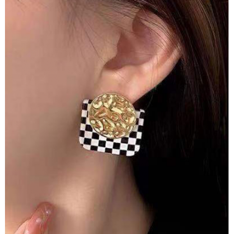 Korean Version Of Fashion Concise Black And White Checkerboard Geometric Exaggerated Earrings Nhsc443325