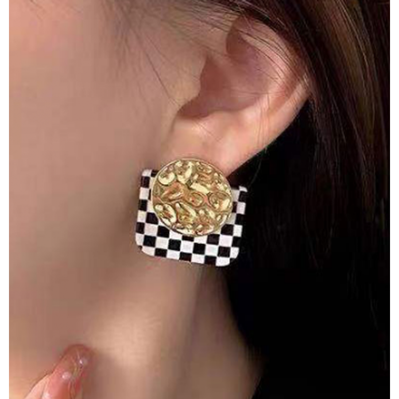 Korean Version Of Fashion Concise Black And White Checkerboard Geometric Exaggerated Earrings Nhsc443325