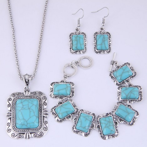 European And American Fashion Metal Concise Turquoise Accessories Square Necklace Earrings Bracelet Set Nhsc443328