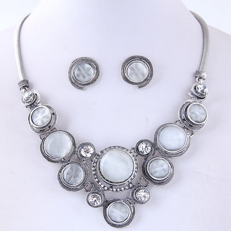 European And American Fashion Metal Retro Opal Accessories Exaggerated Temperament Necklace Earrings Set Nhsc443329